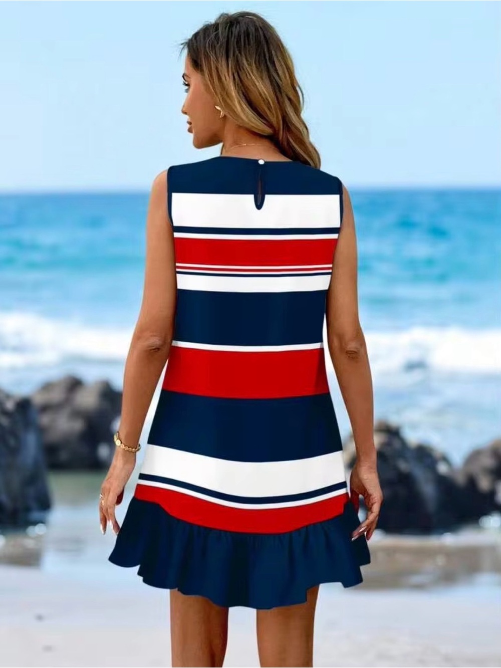 NWOT Nautical Navy Red White Striped Ruffle Hem Dress Size Medium - Picture 2 of 4